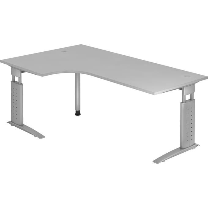 Hoekbureautafel TARVIS, B 2000 x D 1200/800 x H 680-860 mm, onderstel zilver, lichtgrijs