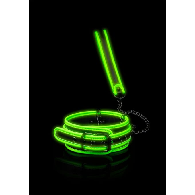 Shots - Ouch! OU755GLO - Collar and Leash - Glow in the Dark - Neon Green/Black