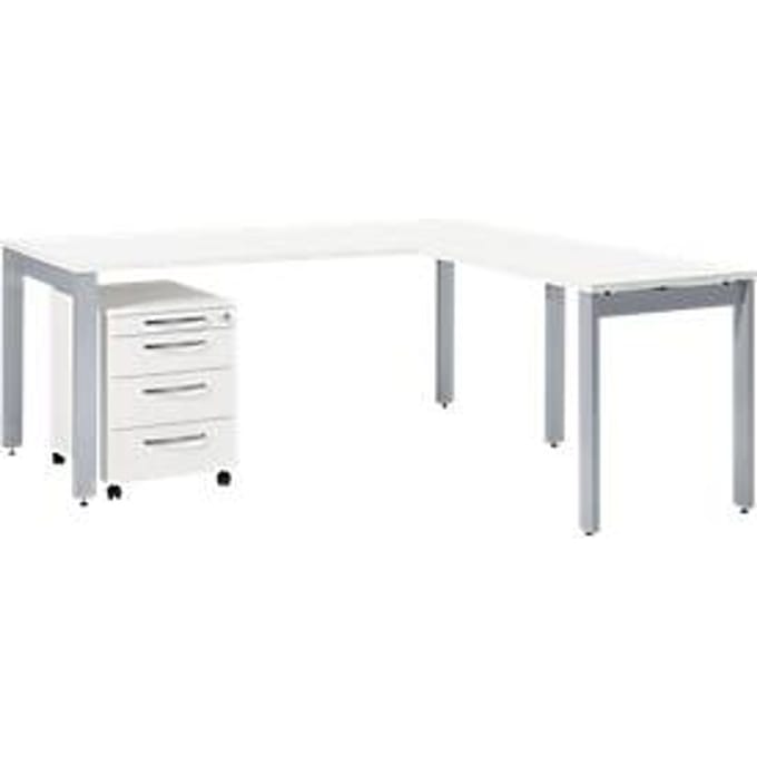 Schäfer Shop Select complete set LOGIN, 4-poots bureau 1800 mm, 4-poots aanbouwtafel, verrijdbaar onderstel, wit