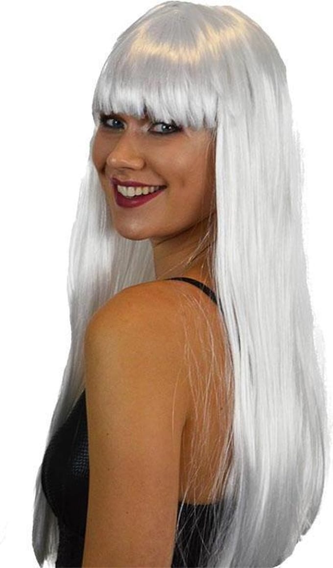 Pruik - Lang steil haar met pony - Wit