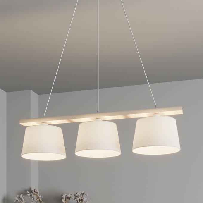 Euluna - Hanglamp - 3lichts - Hout, stof - H: 15.5 cm - E27 - gebroken wit, wit