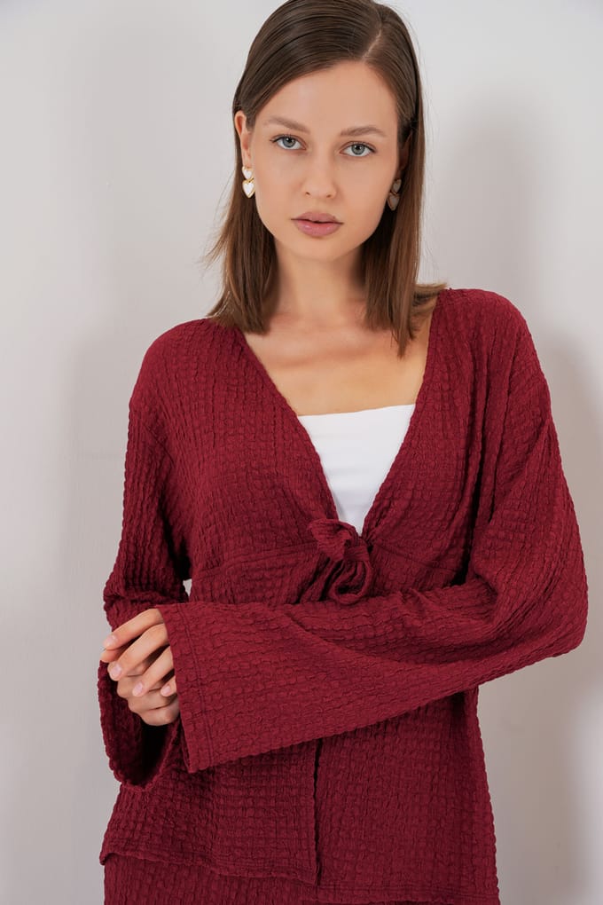 Textuur V-hals Langsluiting Top & Flared Broek Twee-Delige Set