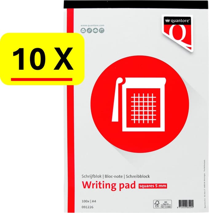 10 x Schrijfblok Quantore - A4 - ruit 5mm - 100vel - 60gr - voordeelset