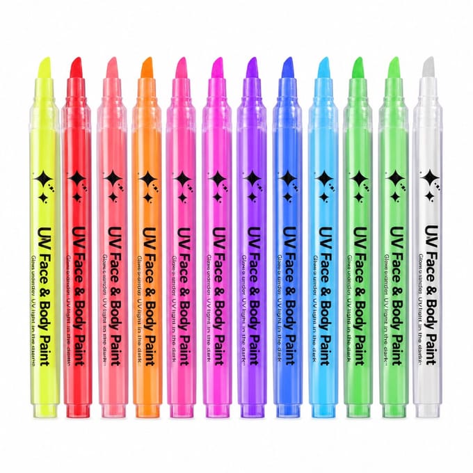 Set van 12 UV-fluorescerende markers - zichtbaar onder blacklight - schuine punt - uitwisbaar