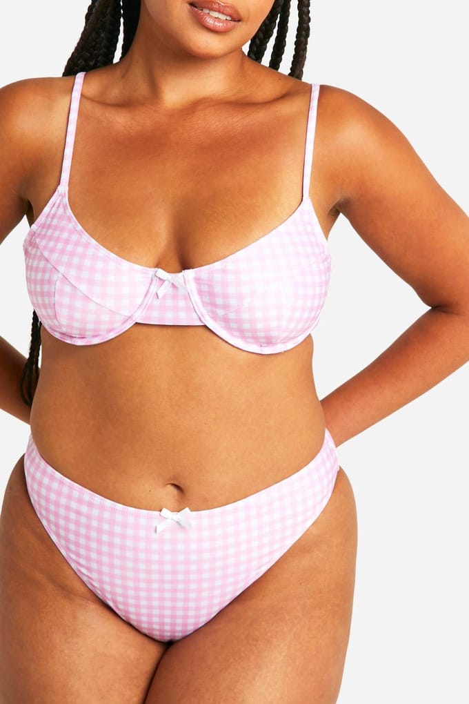 boohoo Dames Plus Gingham Print Hoog Getailleerde Bikini Slip | Pink | Maat: 22