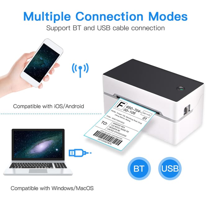 Desktop Verzendlabelprinter Hoge Snelheid USB + BT Direct Thermische Printer Labelmaker Sticker US Plug-USB