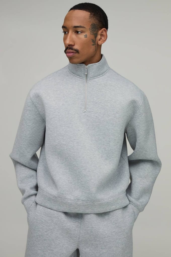 Oversized Boxy 1/4 Zip Funnel Neck Scuba Sweatshirt | Grey Marl | Size Medium