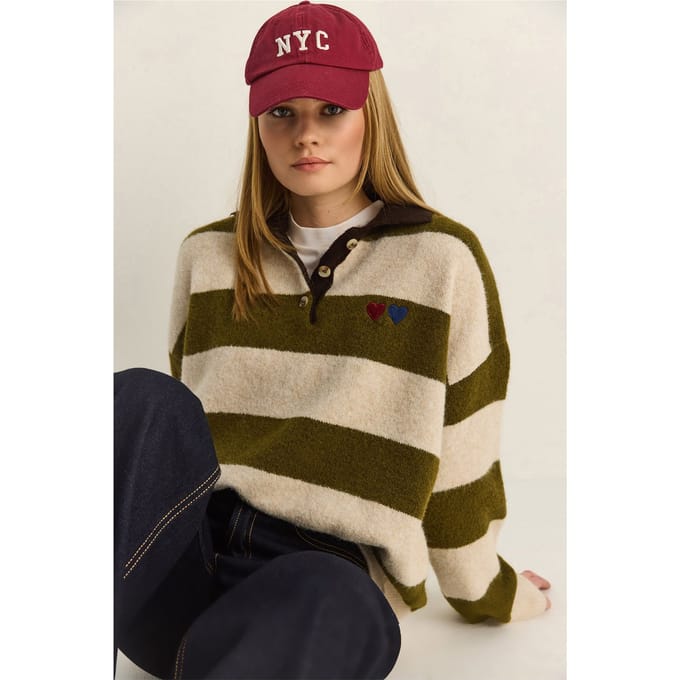 Oversized Gestreept Polo Kragen Sweater met Borduring