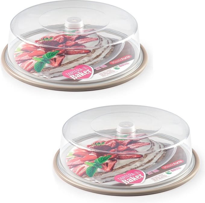 PlasticForte Taartstolp - 2x - transparant - 32 x 9,5 cm - taart / gebak bewaardoos - taupe bodem