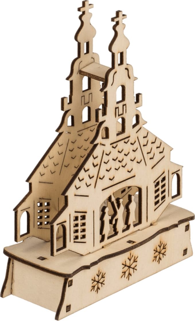3D houtsnijwerk kerst kerk met LED verlichting