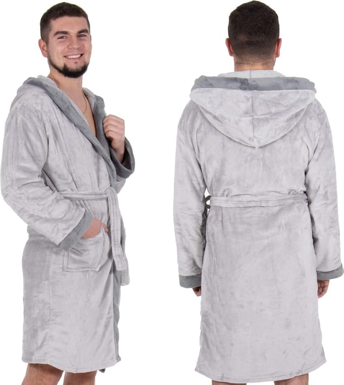 Springos Badjas - Fleece - Grijs - Capuchon - Riem - Maat L/XL