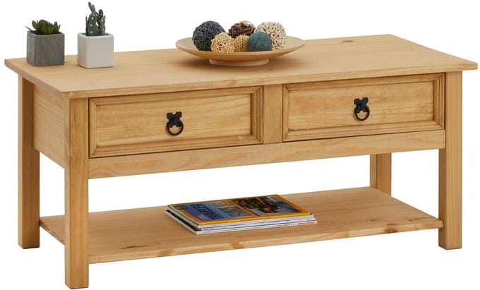 Mexicaanse salontafel TEQUILA van massief hout met 2 lades - naturel