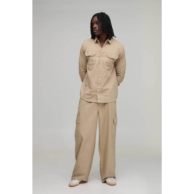 Tall Regular Overhemd & Straight Fit Cargobroek Set | Stone | Size Medium