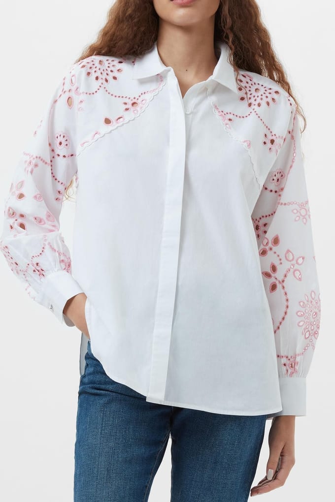 French Connection Cambria Cotton Embroidered Shi Linenwhite/bubblegum Größe: M | Blusen Outlet | Damen | Weiß