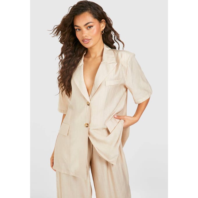 boohoo Dames Textured Crinkle Short Sleeved Blazer | Taupe | Maat: 34