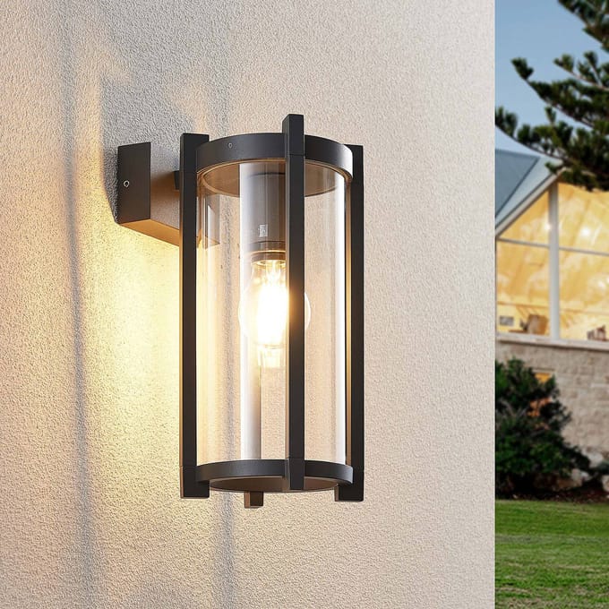 Lucande - Wandlamp buiten - 1licht - Gegoten aluminium, glas - H: 29.5 cm - E27 - antraciet