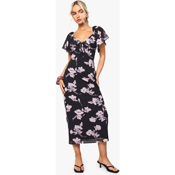 boohoo Dames Bloemenchiffon Plunge Maxi-jurk | Zwart | Maat: 36