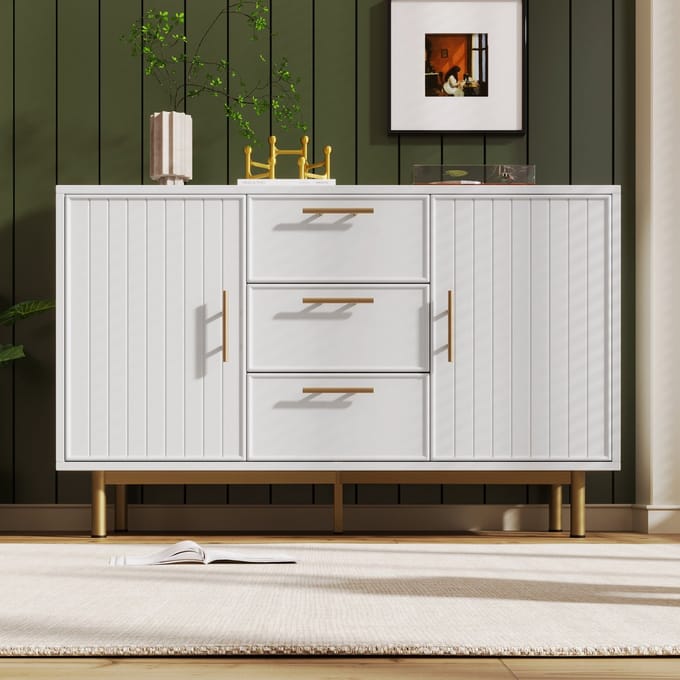 Kommode - 120x40x75 cm - 2 deuren & 3 laden - geribbelde fronten & gouden handgrepen - metalen sokkel