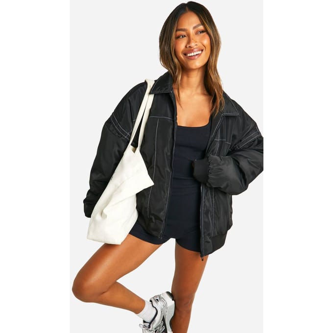 boohoo Dames Oversized Bomberjack met Contrasterende Stikdetails | Zwart | Maat: 36