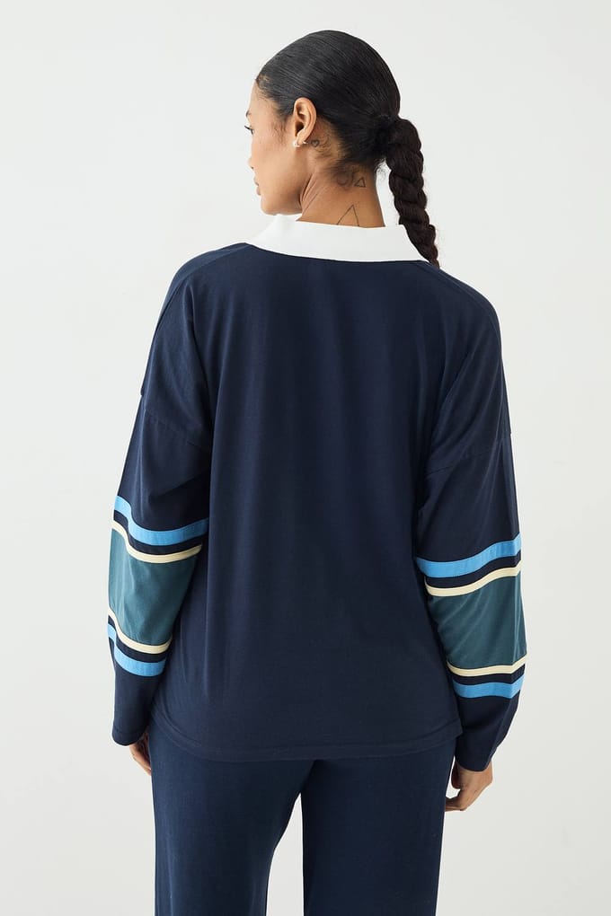Dames DSGN Studio Sport Oversized Colour Block Top met Kraag | Navy | Maat: 2XL