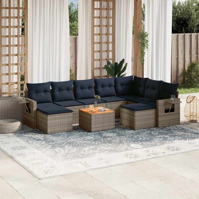 vidaXL - 10-delige - tuinbankset - met - kussens, - grijs - polyrotan