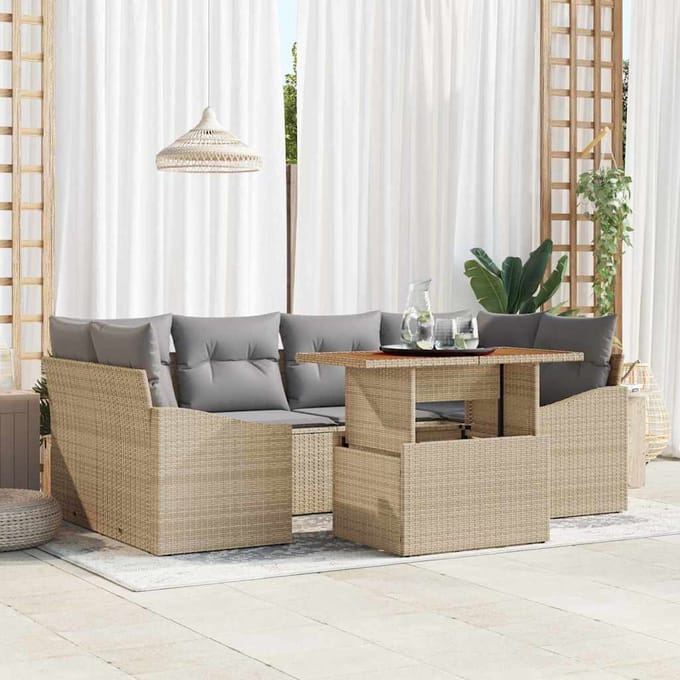 vidaXL Tuin Eettafel Set met kussen 7 pcs Beige en Grijs