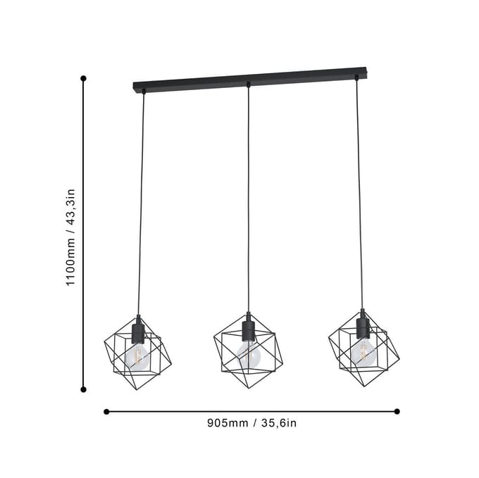 EGLO Straiton - Hanglamp - E27 - 90,5 cm - Zwart