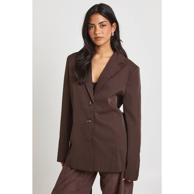 boohoo Dames Pinstripe oversized op maat gemaakte blazer | Chocolate | Maat: 8
