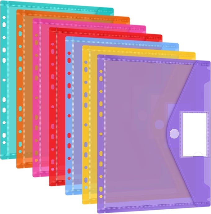 Stunq® Documentenmap, A4, 28 stuks, 7 kleuren, documentenmap met 11 geperforeerde rand en etiketvak, transparant A4, documentenvak, verzamelmap voor het organiseren van documenten