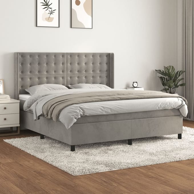 vidaXL - Boxspring - met - matras - fluweel - lichtgrijs - 160x200 - cm