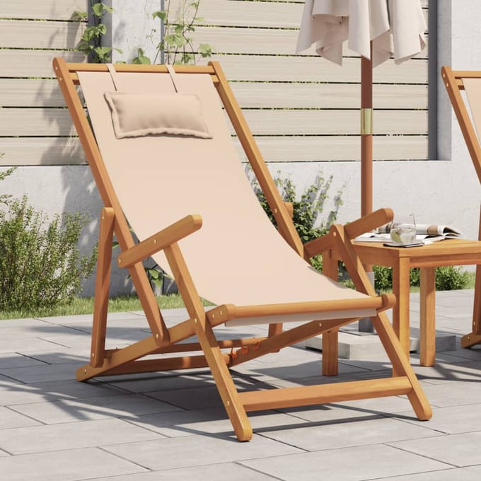 vidaXL - Opklapbare - stoel, - beige, - massief - eucalyptushout - en - stof.