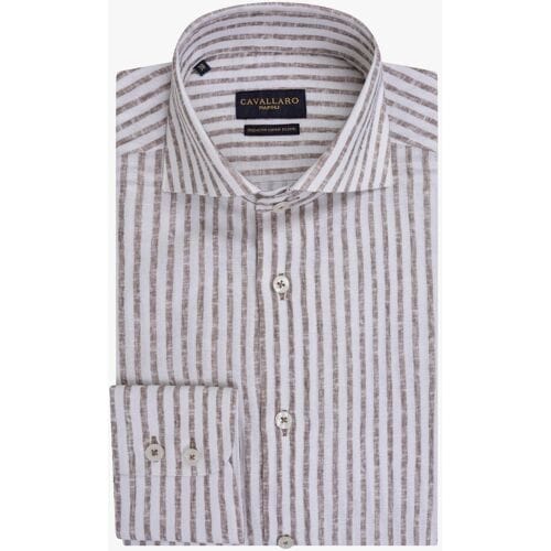 Cavallaro Napoli Overhemd Tarente Linnen Blend Stripe Bruin-Wit / male