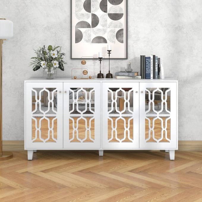 Dressoir - 160x40x84 cm - Spiegel Dressoir Met 4 Deuren - Met Verstelbare Legplanken - MDF - Wit