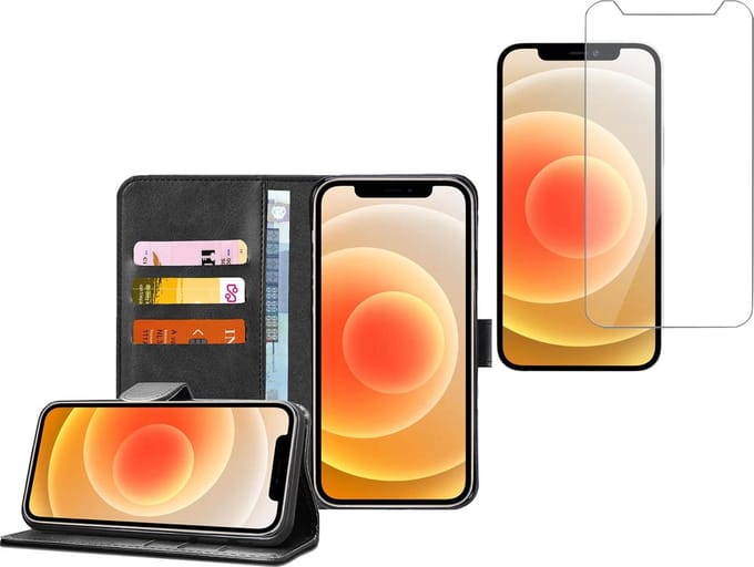 iPhone 13 Mini - Book Case Portemonnee Hoesje Zwart met Screenprotector