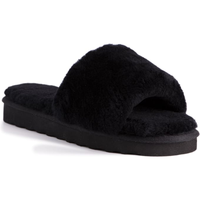 Aus Wooli Australia Womens Schapenvacht Fluff Slippers Zwart