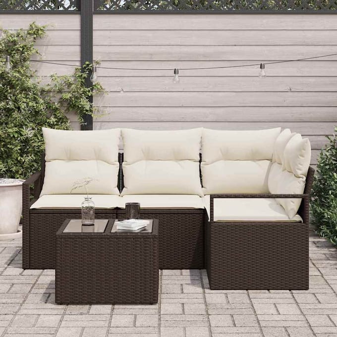vidaXL Bankstel met kussen met opslag 5 pcs Bruin en Crème poly rattan
