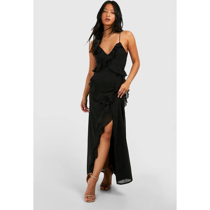 boohoo Dames Petite Chiffon Ruffle Maxi-jurk | Zwart | Maat: 40