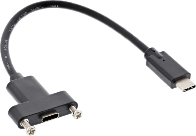 USB-C (m) naar USB-C (v) inbouw adapter - USB3.2 (tot 10 Gbit/s) - PD tot 20V/5A / zwart - 0,20 meter