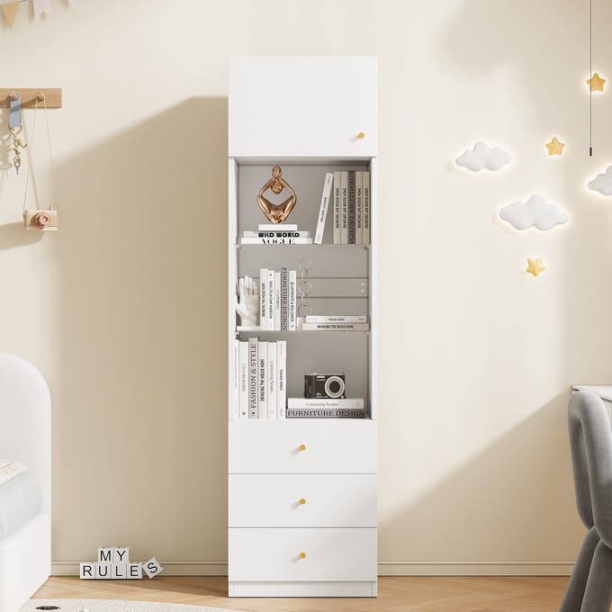 MODFU Vitrinekast - Verstelbare Glasplanken En 3 Laden - Modern - MDF En Glas - Wit - 50 X 40 X 180 Cm