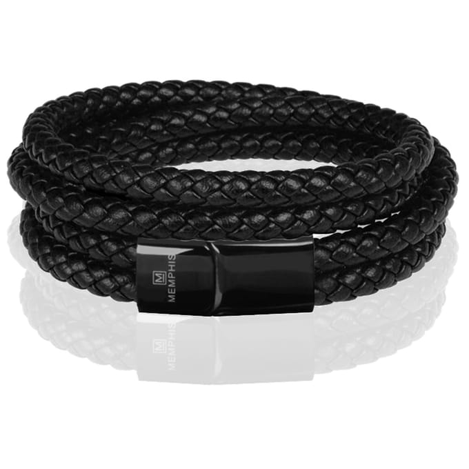 Memphis dubbele wrap armband Leer Zwart-20cm