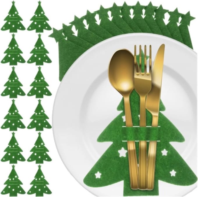 Ruhhy Bestekhouder Kerstbomen – Set van 12 Stuks, Vilten Kerst Tafeldecoratie