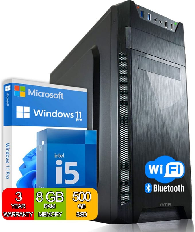 GMR Business Desktop PC | Intel Core i5 | 8GB RAM | 500GB SSD | Windows 11 Pro | WiFi | Ideaal voor Kantoor, Thuiswerken & Studie