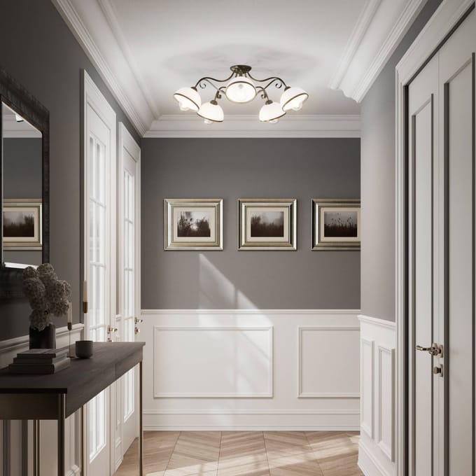 Klassieke Plafondlamp Antica Goud met 5x E27 Glazen Lampenkappen