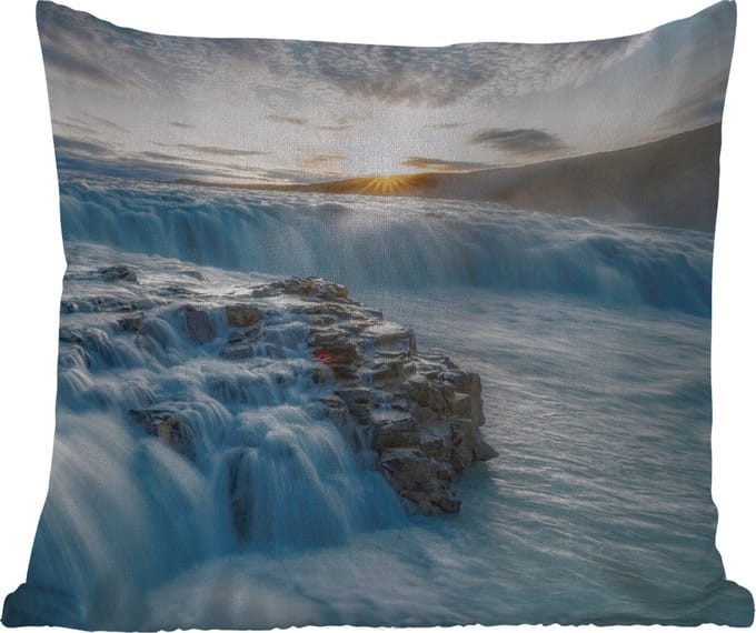 Tuinkussen - Waterval - Water - Stenen - Zon - Natuur - 40x40 cm - Weerbestendig