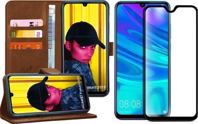Hoesje geschikt voor Huawei P Smart 2019 - Book Case Kunstleer Wallet Bruin + Screenprotector Glas Full Screen Protector