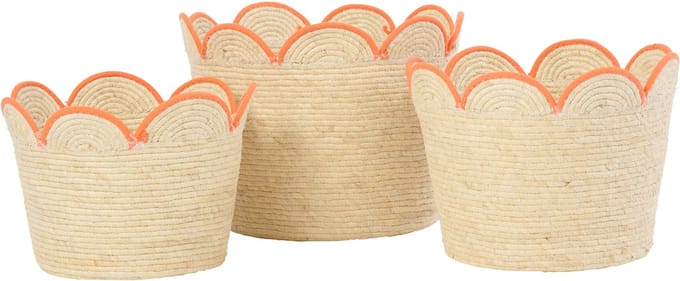 J-Line mand Bloem Maïskaf - riet - naturel/oranje - set van 3