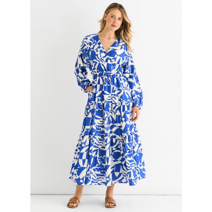 Blauwe Abstracte Wikkel Elastische Taille Midaxi Dress