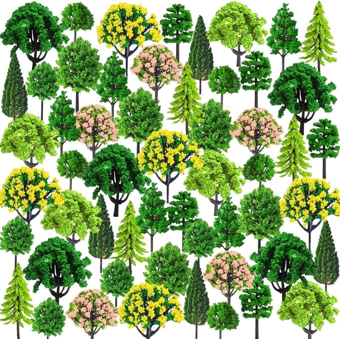 55 Stuks Gemengde Plastic Miniatuur Bomen voor Modelbouw, Landschapsarchitectuur en Diorama's (3-7 cm)