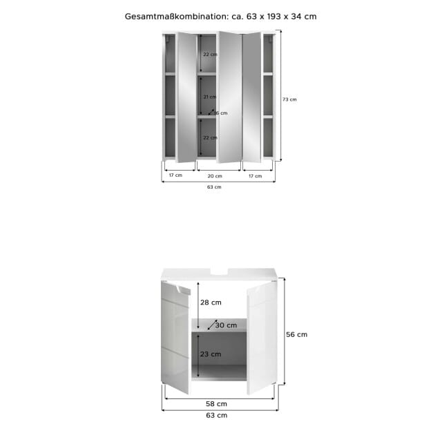 Solero badkamercombinatie wit hoogglans MDF TZ - 34x63x193cm
