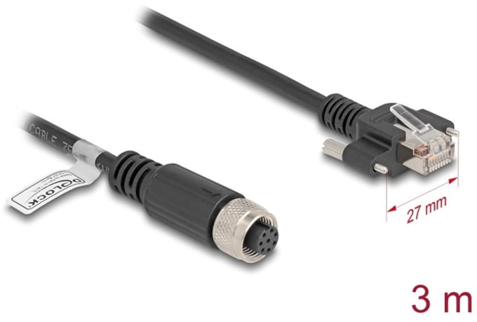 Delock M12 Cable A-coded 8 pin female to RJ45 plug with screws Cat.5e FTP 3 m black